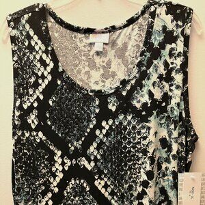 NWT LulaRoe Nicki Sleeveless Dress, Size XL Snack Pattern Black/White/Teal
